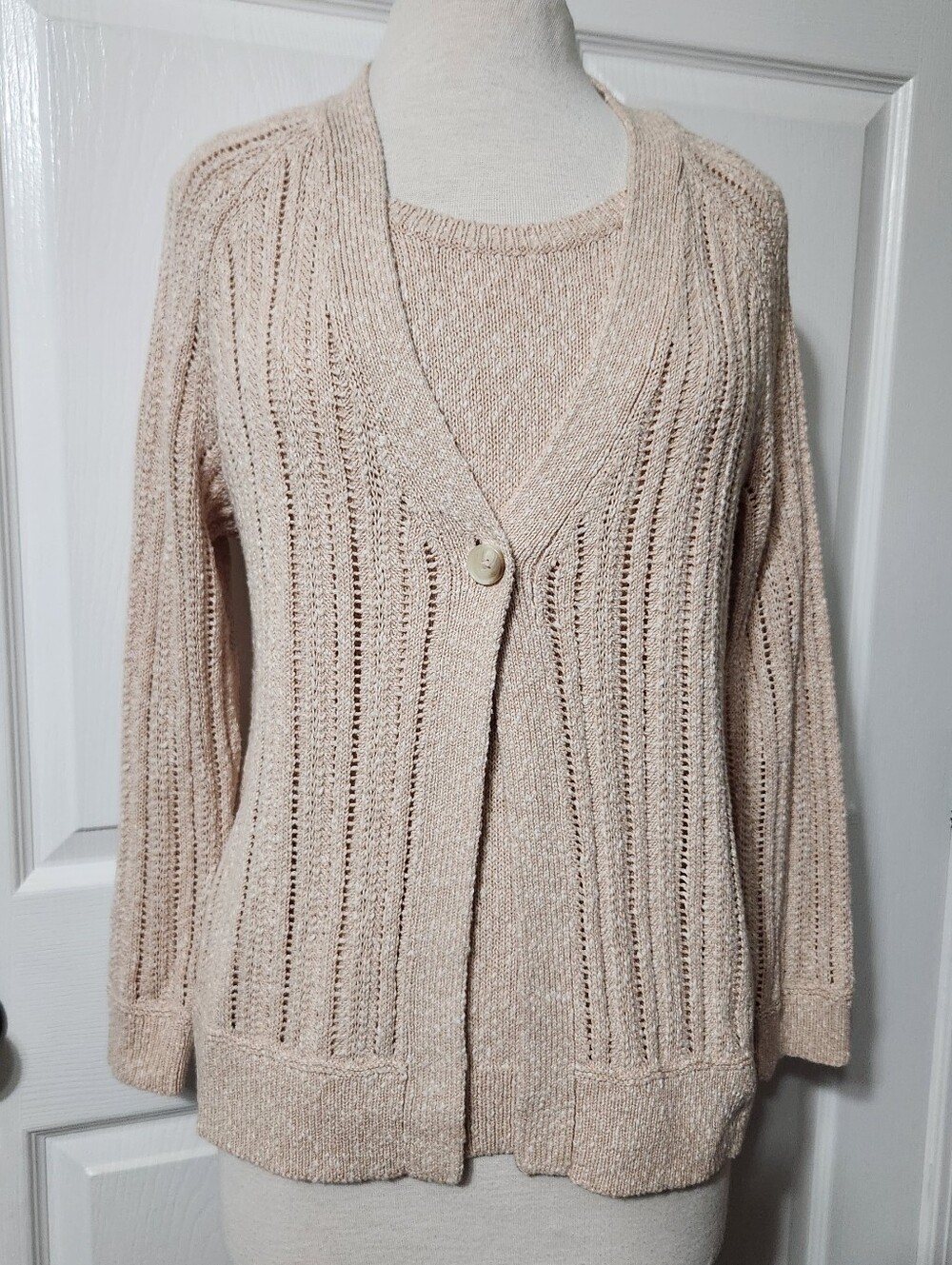 J. Jill Light Beige Open-Knit Cardigan and Sleeveless Tank Sweater Set